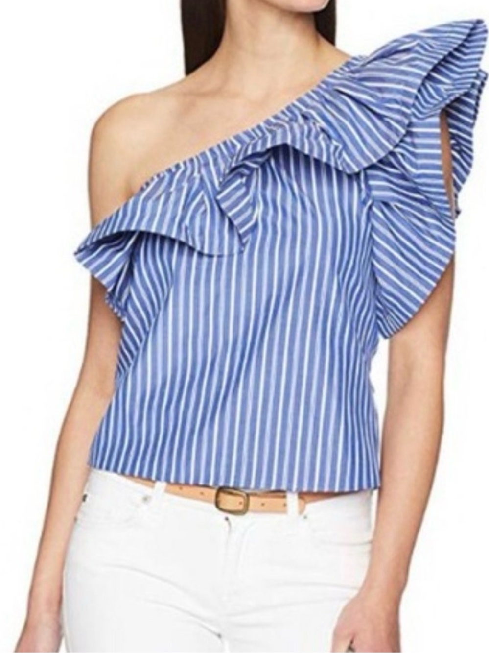 Misa Los Angeles Blue and White One-Shoulder Ruffle Top